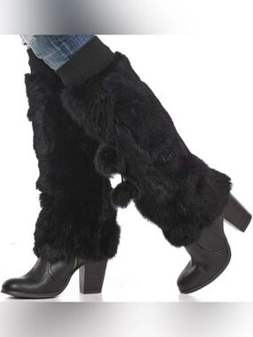 Rabbit Fur Plush Black Leg Warmers with Pom Pom Tassels